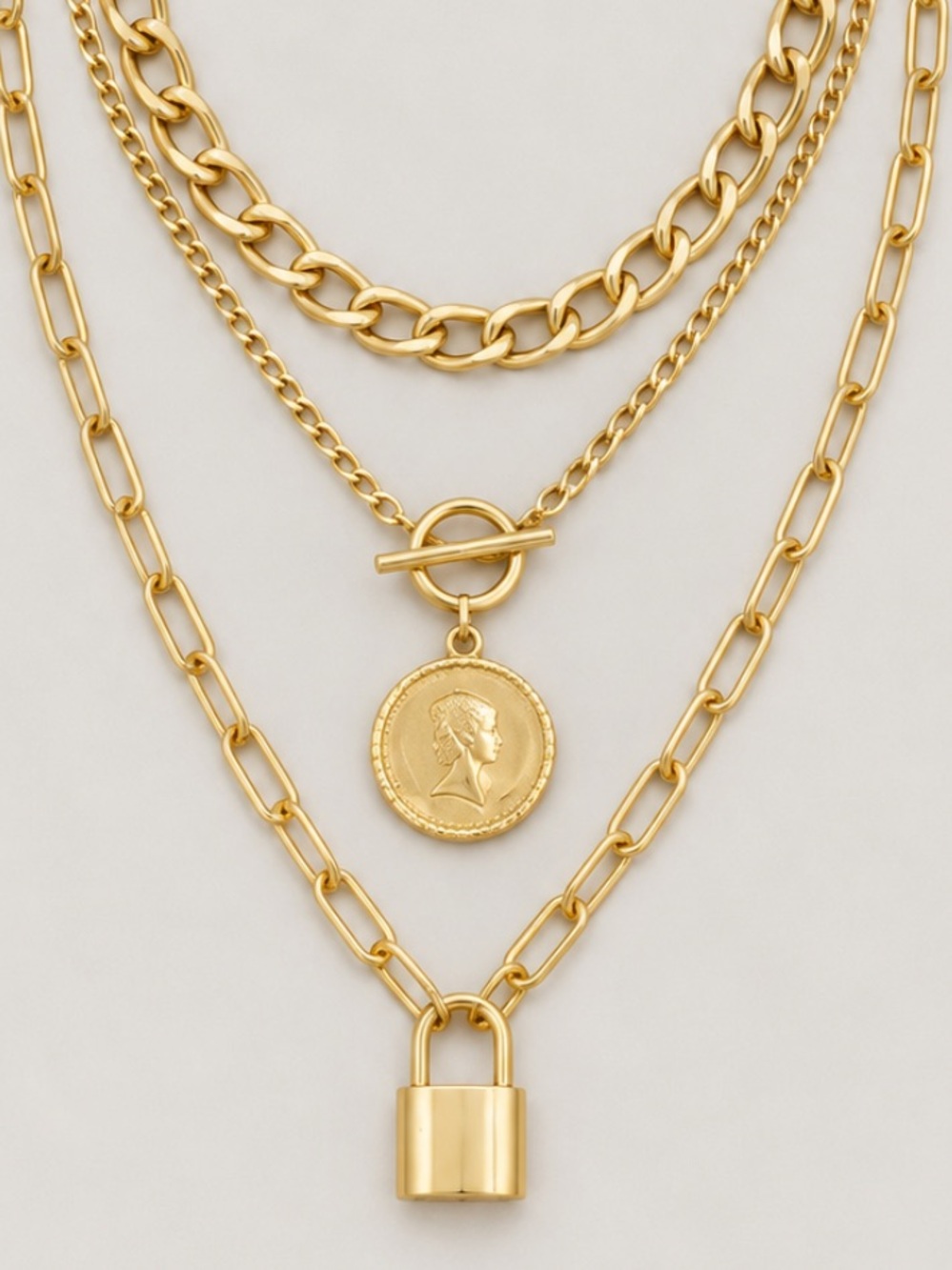 New! Gold Coin Lock Chain Necklace Stack Set NWOT 5050